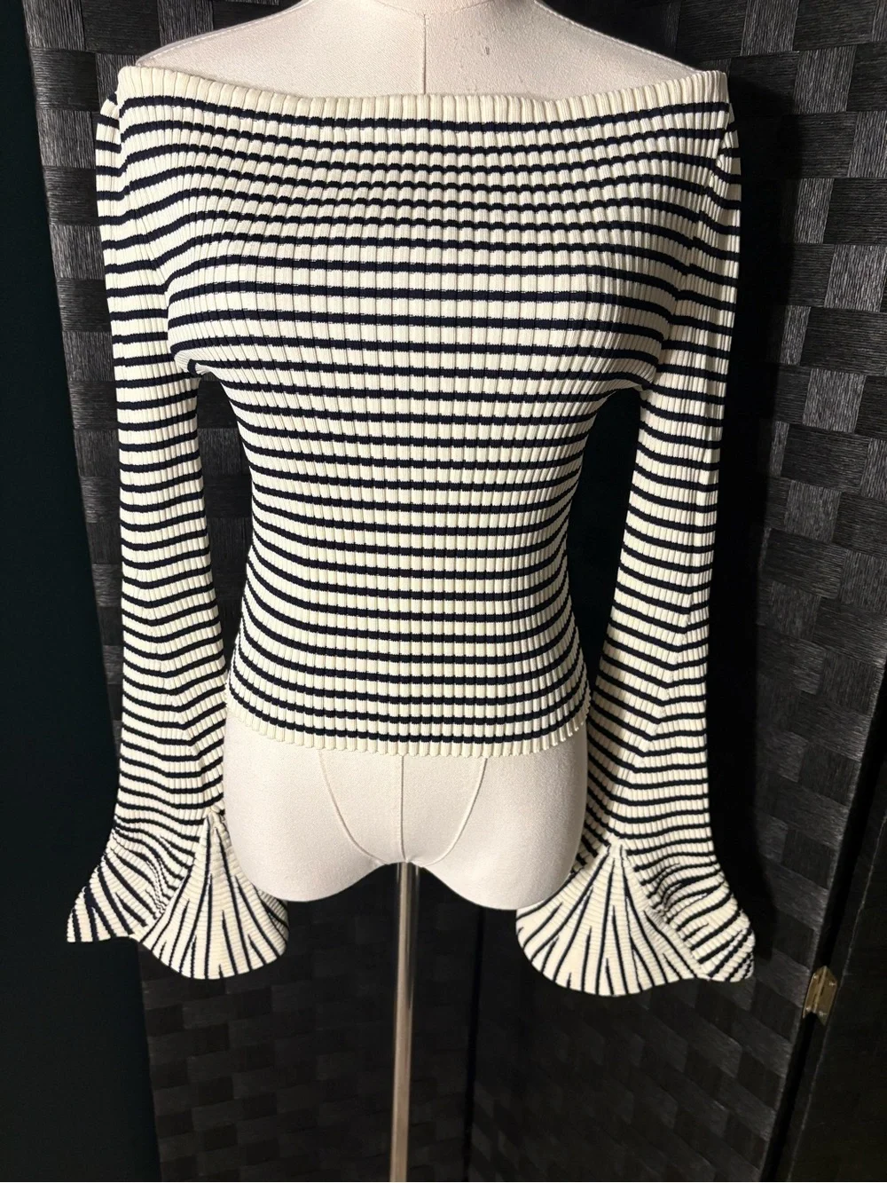 Off-The-Shoulder Striped Ribbed Knit Bell Sleeve Sweater Top